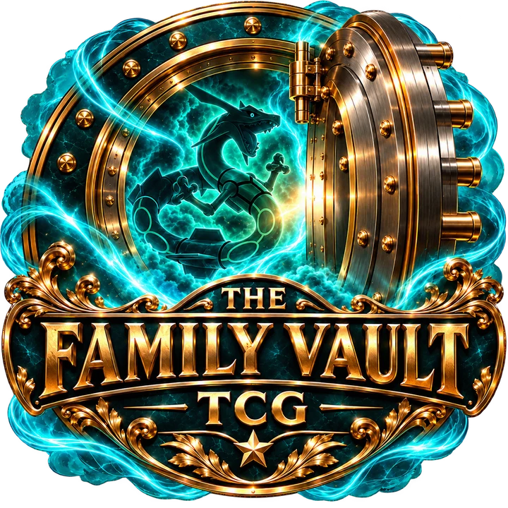 The Family Vault TCG logo: a glowing gold vault door wrapped in teal light